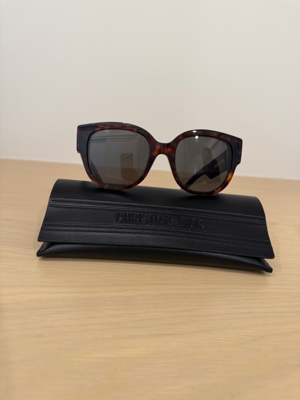 Dior Tortoiseshell Frame and Maroon Arms Sunglasses with Dark Lenses